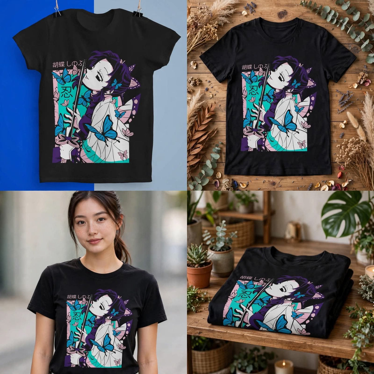 Playera Shinobu Cocho Kimetsu No Yaiba 100% Algodón Cuello Redondo Manga Corta Premium Unisex Color Negro