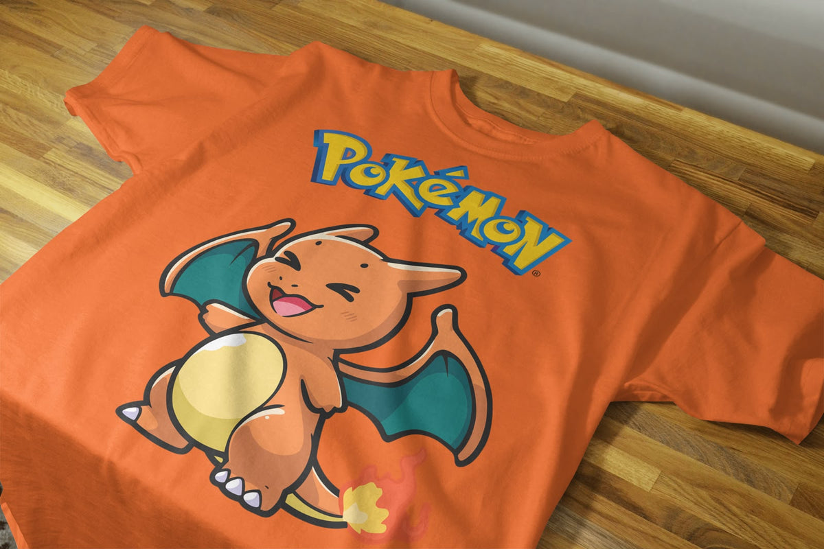 Playera Charizard Pokémon 100% Algodón Cuello Redondo Manga Corta Premium Unisex Color Naranja
