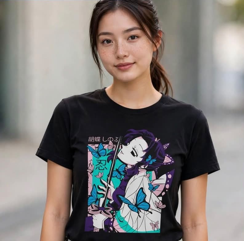 Playera Shinobu Cocho Kimetsu No Yaiba 100% Algodón Cuello Redondo Manga Corta Premium Unisex Color Negro