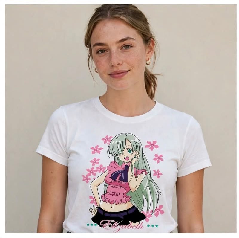 Playera Elizabeth Liones De Los 7 Pecados Capitales 100% Algodón Cuello Redondo Manga Corta Premium Unisex Color Blanco