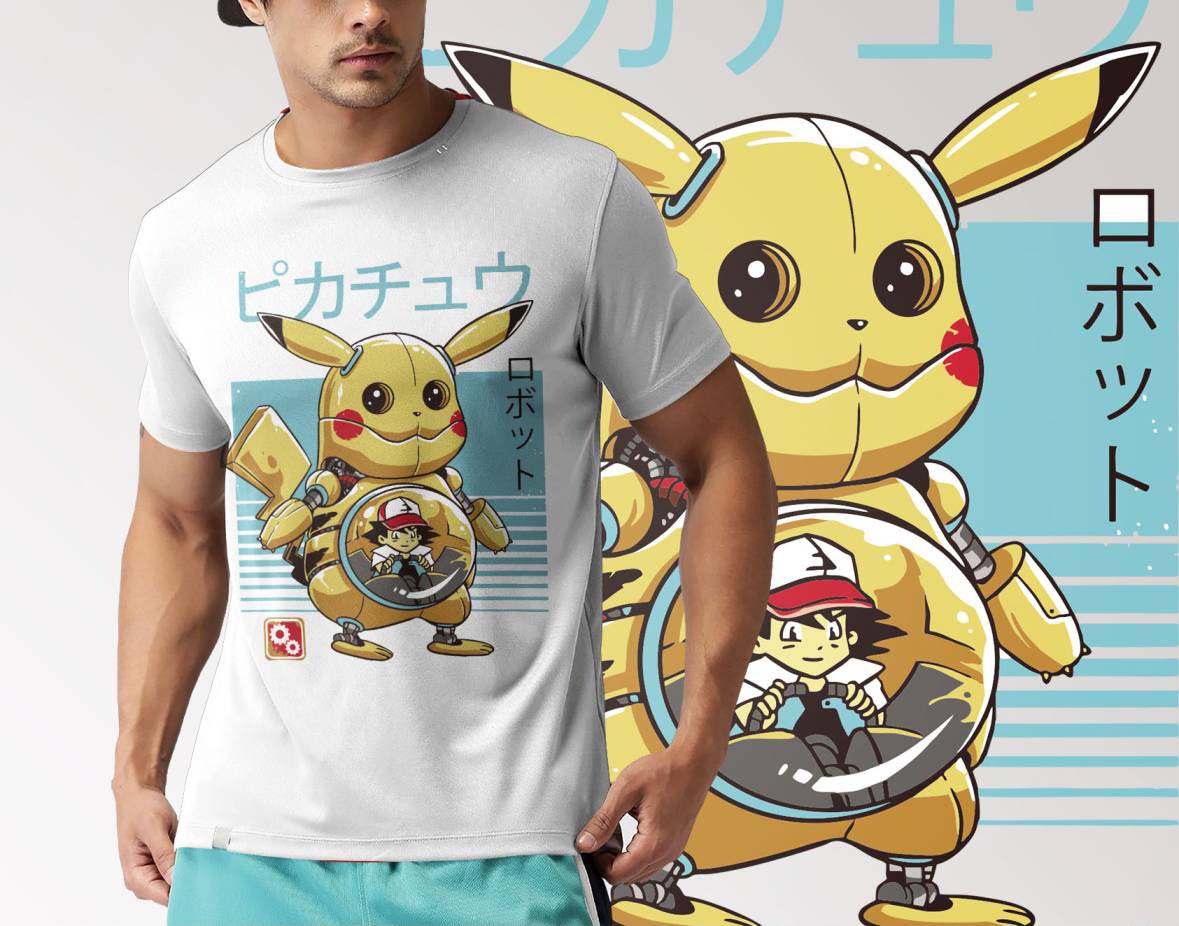 Playera Mecha Pikachu 100% Algodón Cuello Redondo Manga Corta Premium Unisex Color Blanco