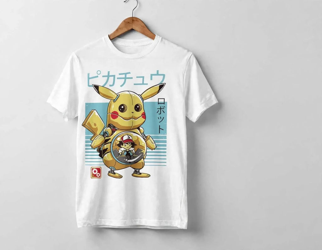 Playera Mecha Pikachu 100% Algodón Cuello Redondo Manga Corta Premium Unisex Color Blanco