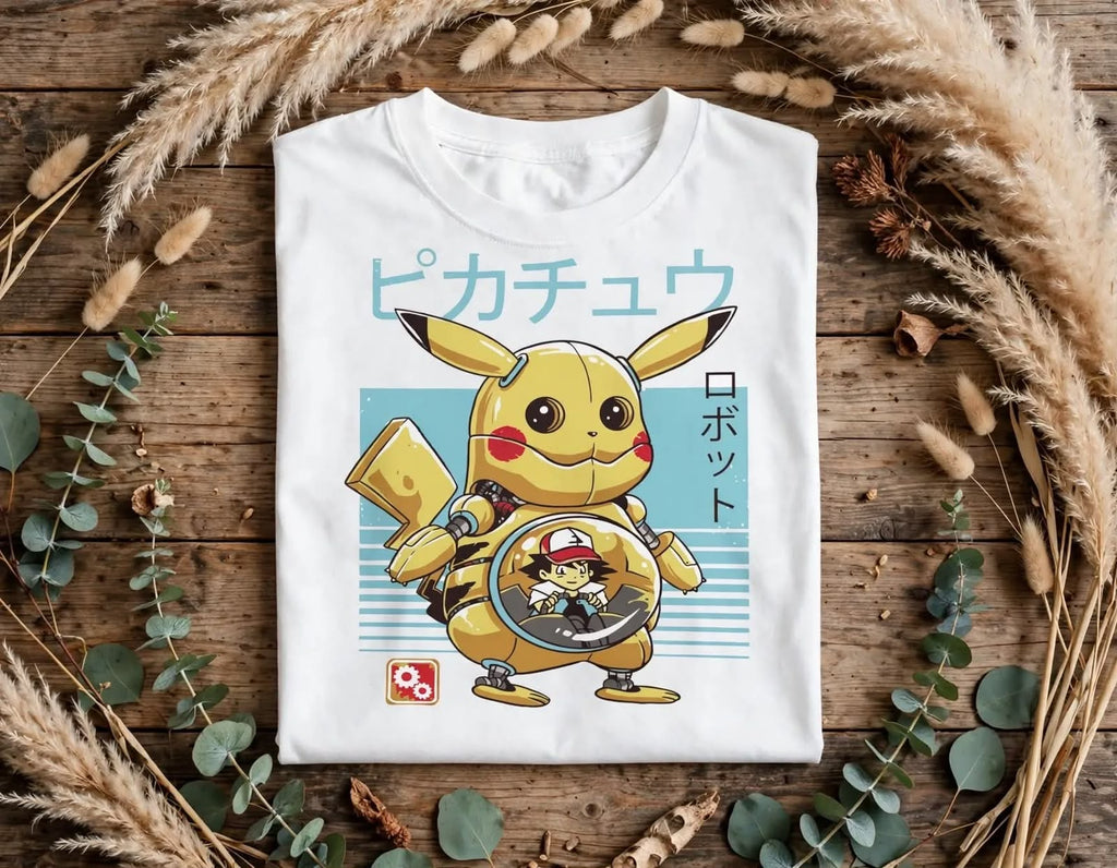 Playera Mecha Pikachu 100% Algodón Cuello Redondo Manga Corta Premium Unisex Color Blanco