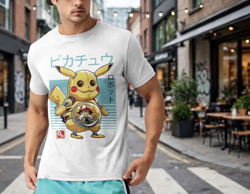 Playera Mecha Pikachu 100% Algodón Cuello Redondo Manga Corta Premium Unisex Color Blanco