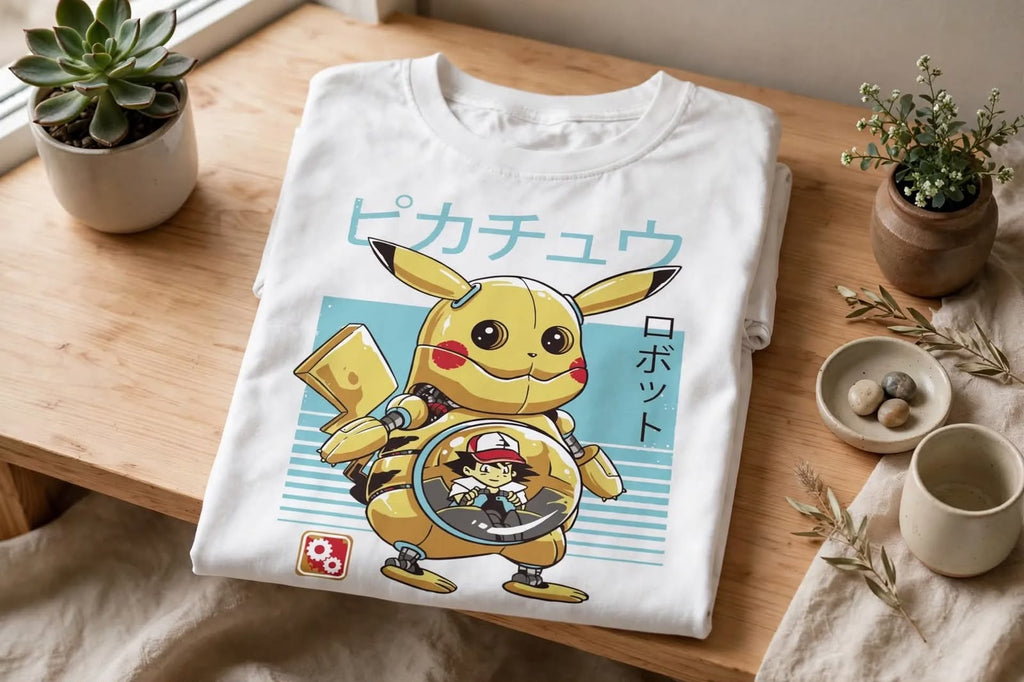 Playera Mecha Pikachu 100% Algodón Cuello Redondo Manga Corta Premium Unisex Color Blanco