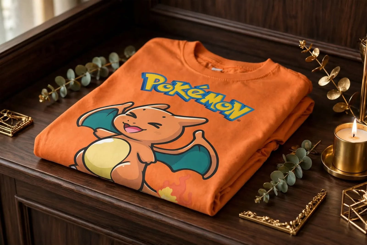 Playera Charizard Pokémon 100% Algodón Cuello Redondo Manga Corta Premium Unisex Color Naranja