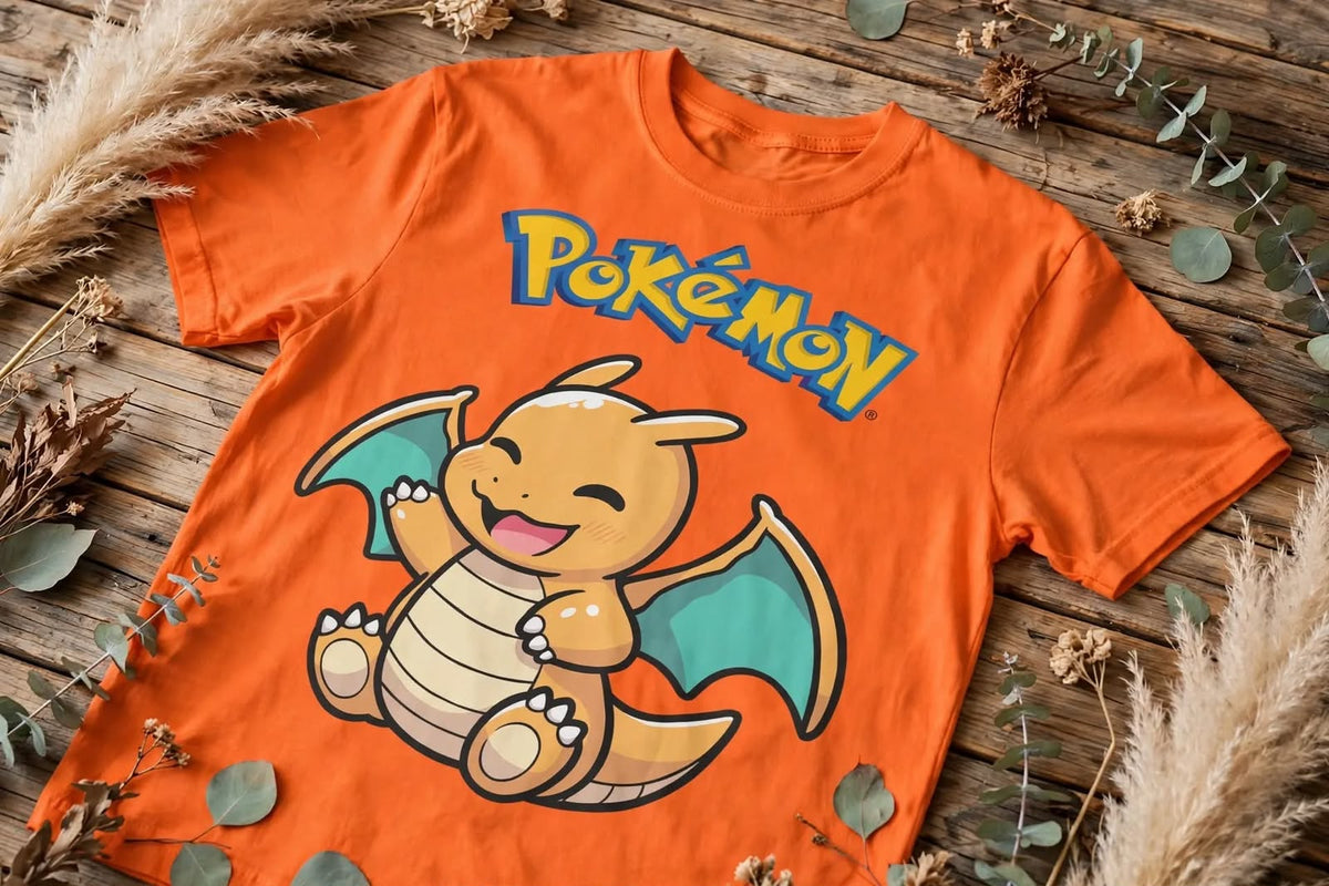 Playera Dragonite Pokémon 100% Algodón Cuello Redondo Manga Corta Premium Unisex Color Naranja