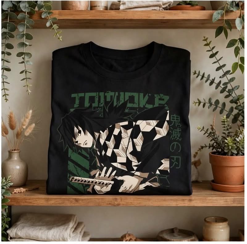 Playera Giyu Tomioka Kimetsu No Yaiba 100% Algodón Cuello Redondo Manga Corta Premium Unisex Color Negro